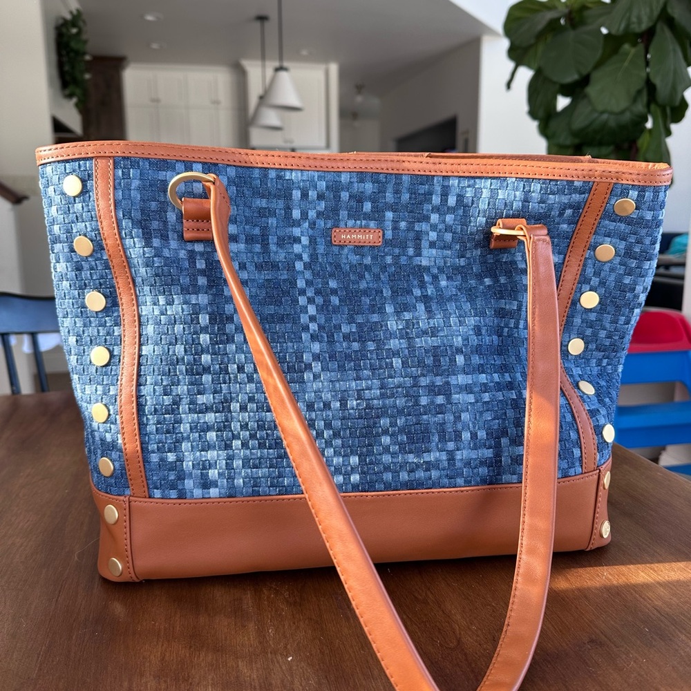 Hammitt Andersen Revival Top Handle Bag, Mosaic Denim and Brushed Gold Hardware
